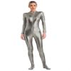 Linjinx Women's Shiny Metallic Unitard Turtleneck Long Sleeve Zentai Suit Catsuit Jumpsuit Dancewear Grey X-Large view 1