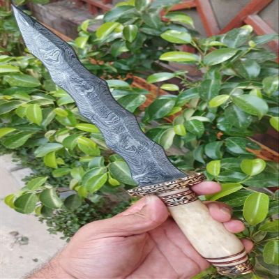 Custom Handmade Damascus Steel Hunting Knife, 216+ Layers, Zigzag Dagger Fixed Blade, Brass with Camel Bone Handle, Camping Knife