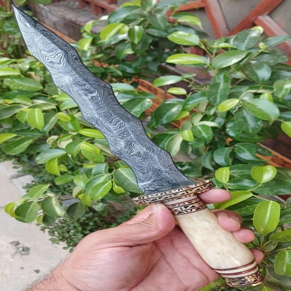 Custom Handmade Damascus Steel Hunting Knife, 216+ Layers, Zigzag Dagger Fixed Blade, Brass with Camel Bone Handle, Camping Knife