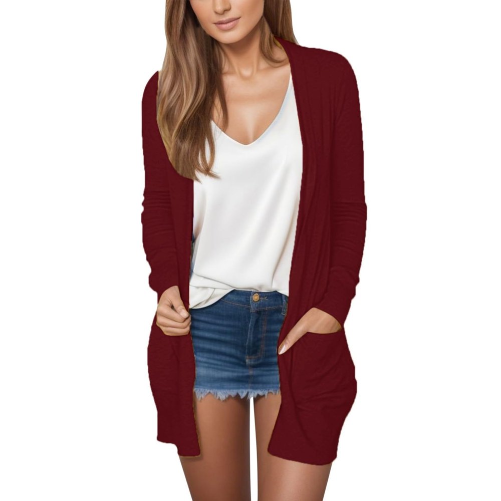 NineFit Basics Wholesale Items,Women Cardigans Lightweight,Long Sleeve Pockets,2024 Fall Open Front Long Cardigans for Women Trendy Work Shirts,Deals Under 10 Dollars,B-Wine,X-Large