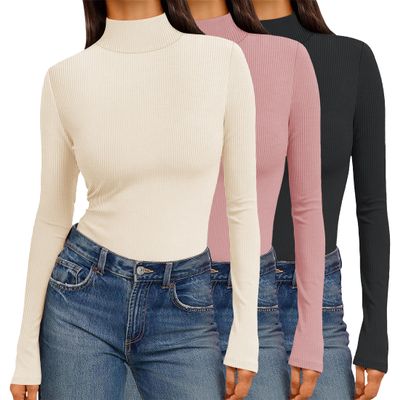 Ekouaer Women 3 Pack Turtleneck Shirts Ribbed Thermal Underwear Tops Lightweight Long Sleeve Layer Tees Basic Pullover Blouse M (Black + Beige + Dirty Pink)