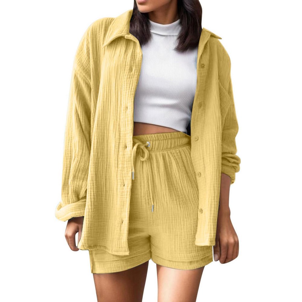2 Piece Sets for Women Summer Loose Fit Long Sleeve Blouse Shirts with Shorts Plus Size Thin Trendy Lounge Shirts Short Sets Tops for Women Yellow