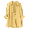 2 Piece Sets for Women Summer Loose Fit Long Sleeve Blouse Shirts with Shorts Plus Size Thin Trendy Lounge Shirts Short Sets Tops for Women Yellow view 3