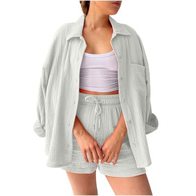 2 Piece Sets for Women Summer Loose Fit Long Sleeve Blouse Shirts with Shorts Plus Size Thin Trendy Lounge Shirts Short Sets White