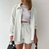 2 Piece Sets for Women Summer Loose Fit Long Sleeve Blouse Shirts with Shorts Plus Size Thin Trendy Lounge Shirts Short Sets White view 2