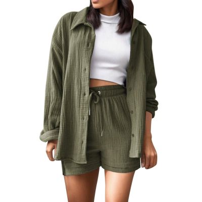2 Piece Sets for Women Summer Loose Fit Long Sleeve Blouse Shirts with Shorts Plus Size Thin Trendy Lounge Shirts Short Sets Army Green
