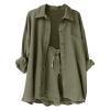 2 Piece Sets for Women Summer Loose Fit Long Sleeve Blouse Shirts with Shorts Plus Size Thin Trendy Lounge Shirts Short Sets Army Green view 3