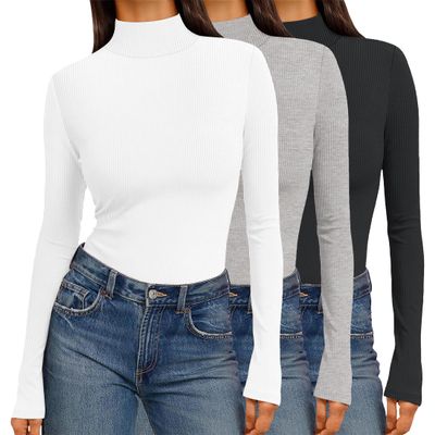 Ekouaer Women 3 Pack Turtleneck Shirts Ribbed Thermal Underwear Tops Lightweight Long Sleeve Layer Tees Basic Pullover Blouse S (Black + White + Light Grey)