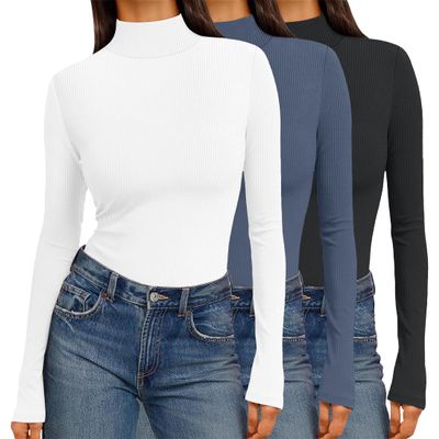 Ekouaer Women 3 Pack Turtleneck Shirts Ribbed Thermal Underwear Tops Lightweight Long Sleeve Layer Tees Basic Pullover Blouse M (Black + Blue Grey + White)