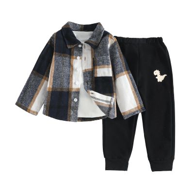 Ayzozuy Toddler Boy Clothes Letter Plaid Shirt + Dinosaurs Print Pants 2 Pieces Boy Fall Winter Outfits Set(3-4T)