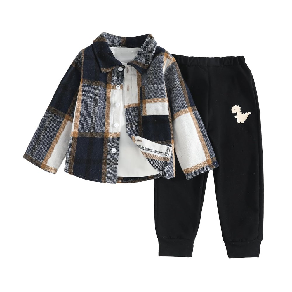 Ayzozuy Toddler Boy Clothes Letter Plaid Shirt + Dinosaurs Print Pants 2 Pieces Boy Fall Winter Outfits Set(3-4T)
