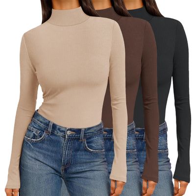 Ekouaer Women 3 Pack Turtleneck Shirts Ribbed Thermal Underwear Tops Lightweight Long Sleeve Layer Tees Basic Pullover Blouse S (Black + Brown + Khaki)