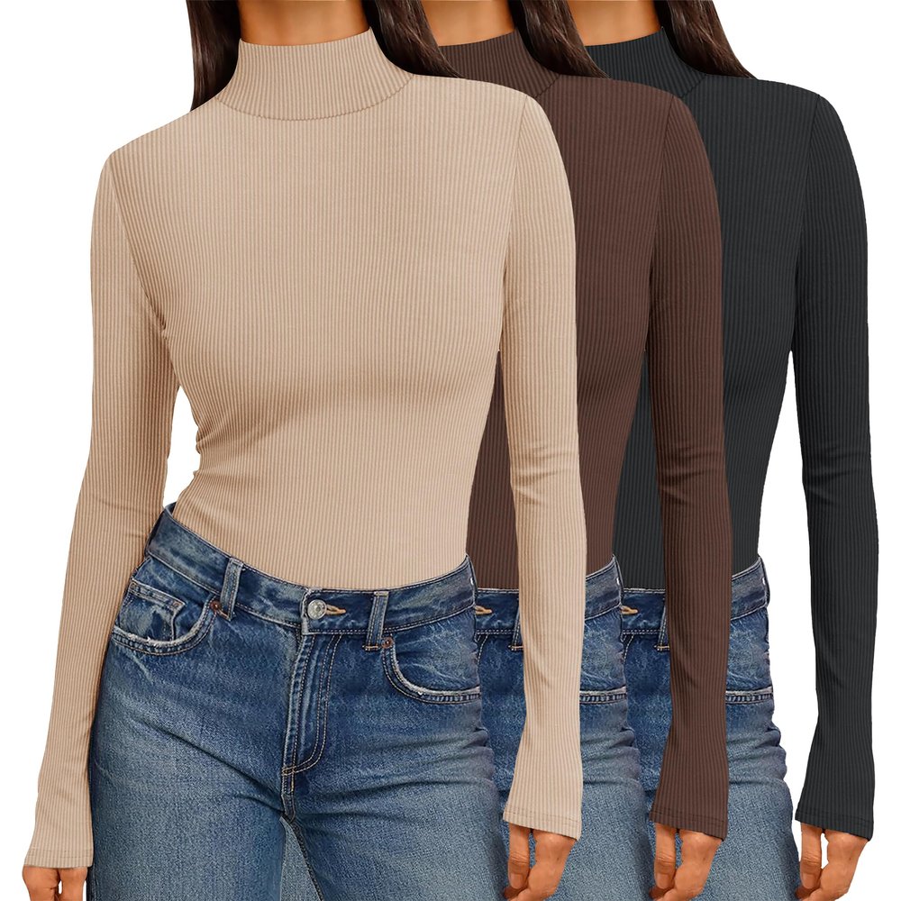 Ekouaer Women 3 Pack Turtleneck Shirts Ribbed Thermal Underwear Tops Lightweight Long Sleeve Layer Tees Basic Pullover Blouse S (Black + Brown + Khaki)