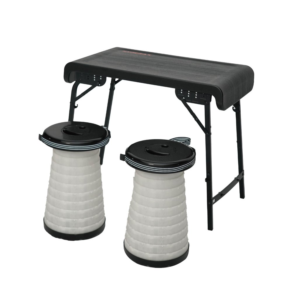 HYPERAX Camping Table & Collapsible Stool Set  Folding Table with 2 Portable Stools for Outdoor Cooking, Camping, Picnics, Beach, Boating, and Travel (Black)