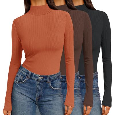 Ekouaer Women 3 Pack Turtleneck Shirts Ribbed Thermal Underwear Tops Lightweight Long Sleeve Layer Tees Basic Pullover Blouse XS (Black + Brown + Caramel)