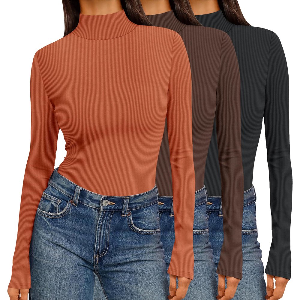 Ekouaer Women 3 Pack Turtleneck Shirts Ribbed Thermal Underwear Tops Lightweight Long Sleeve Layer Tees Basic Pullover Blouse XS (Black + Brown + Caramel)