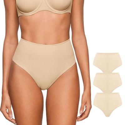 INLYRIC Women's Inbarely Plus Thong Underwear Pack - High Waisted Sexy Smooth Tagless Ladies Underwear Panties 3 Pack Light Oatmeal (3pack) X-Small