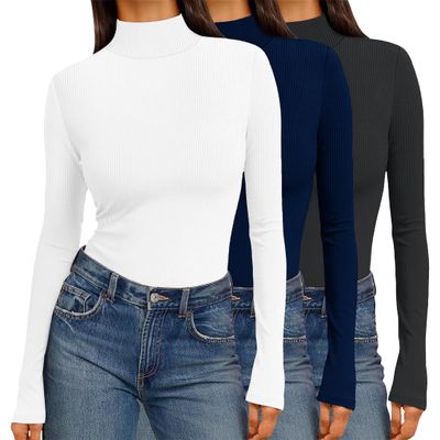 Ekouaer Women 3 Pack Turtleneck Shirts Ribbed Thermal Underwear Tops Lightweight Long Sleeve Layer Tees Basic Pullover Blouse S (Black + White + Navy Blue)