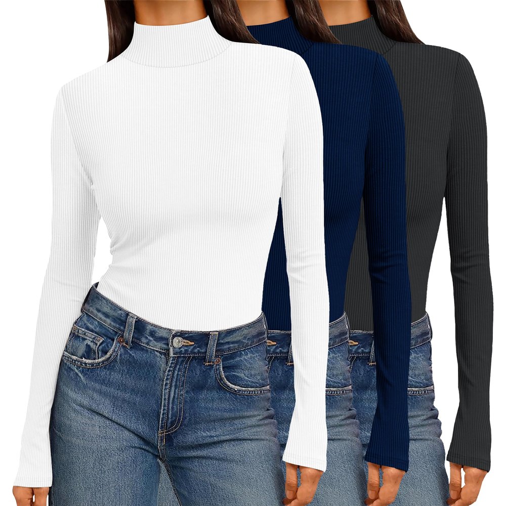 Ekouaer Women 3 Pack Turtleneck Shirts Ribbed Thermal Underwear Tops Lightweight Long Sleeve Layer Tees Basic Pullover Blouse S (Black + White + Navy Blue)