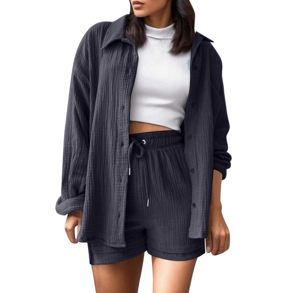 2 Piece Sets for Women Summer Loose Fit Long Sleeve Blouse Shirts with Shorts Plus Size Thin Trendy Lounge Shirts Short Sets Dark Gray