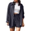 2 Piece Sets for Women Summer Loose Fit Long Sleeve Blouse Shirts with Shorts Plus Size Thin Trendy Lounge Shirts Short Sets Dark Gray