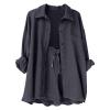 2 Piece Sets for Women Summer Loose Fit Long Sleeve Blouse Shirts with Shorts Plus Size Thin Trendy Lounge Shirts Short Sets Dark Gray view 3