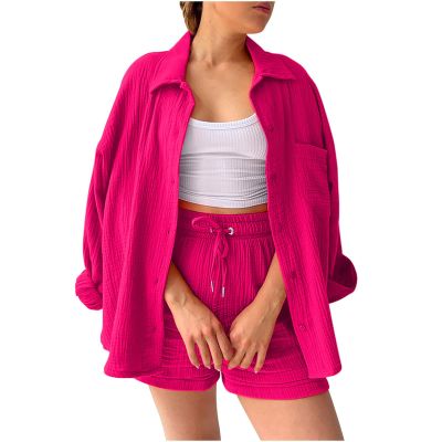 2 Piece Sets for Women Summer Loose Fit Long Sleeve Blouse Shirts with Shorts Plus Size Thin Trendy Lounge Shirts Short Sets Hot Pink