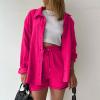 2 Piece Sets for Women Summer Loose Fit Long Sleeve Blouse Shirts with Shorts Plus Size Thin Trendy Lounge Shirts Short Sets Hot Pink view 2