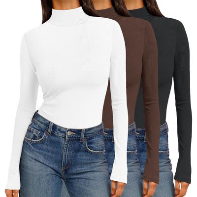Ekouaer Women 3 Pack Turtleneck Shirts Ribbed Thermal Underwear Tops Lightweight Long Sleeve Layer Tees Basic Pullover Blouse S (Black + White + Brown)