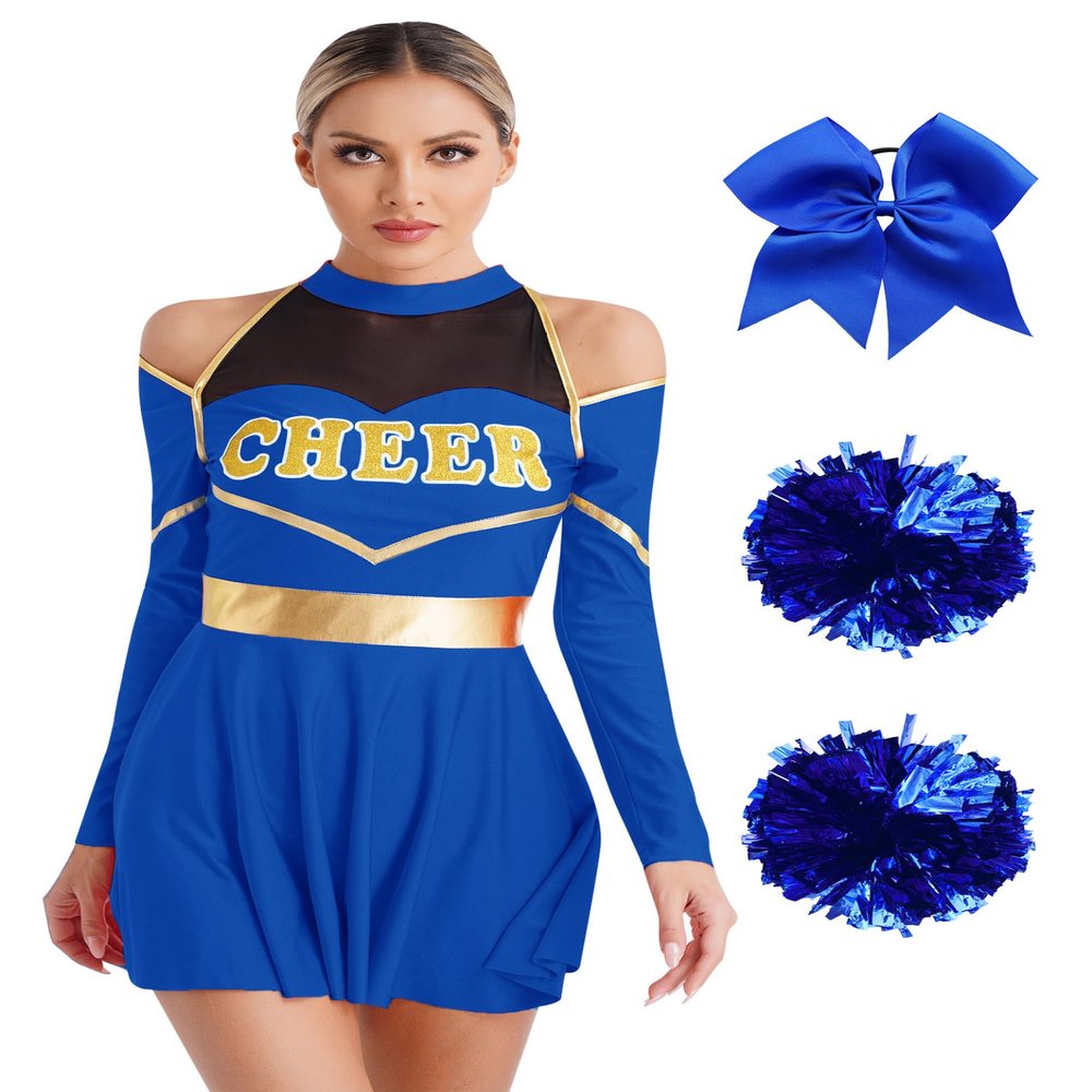 Linjinx Women's School Musical Party Halloween Cheer Leader Costume Performance Role Play Outfits Set Blue Small