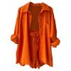 Generic 2 Piece Sets for Women Summer Loose Fit Long Sleeve Blouse Shirts With Shorts Plus Size Thin Trendy Lounge Shirts Short Sets Prime Deal Days, Small, Orange view 4