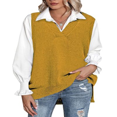 Zeagoo Sweater Vest Women Sleeveless V Neck Oversized Pullover Knitted Tops 2024 Fall Outfits Yellow