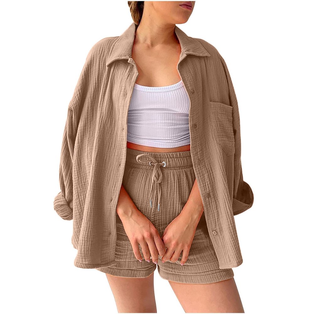 2 Piece Sets for Women Summer Loose Fit Long Sleeve Blouse Shirts with Shorts Plus Size Thin Trendy Lounge Shirts Short Sets Khaki