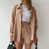 2 Piece Sets for Women Summer Loose Fit Long Sleeve Blouse Shirts with Shorts Plus Size Thin Trendy Lounge Shirts Short Sets Khaki view 2
