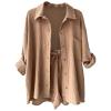 2 Piece Sets for Women Summer Loose Fit Long Sleeve Blouse Shirts with Shorts Plus Size Thin Trendy Lounge Shirts Short Sets Khaki view 4