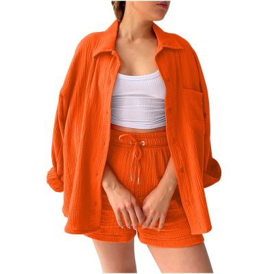 2 Piece Sets for Women Summer Loose Fit Long Sleeve Blouse Shirts with Shorts Plus Size Thin Trendy Lounge Shirts Short Sets Orange