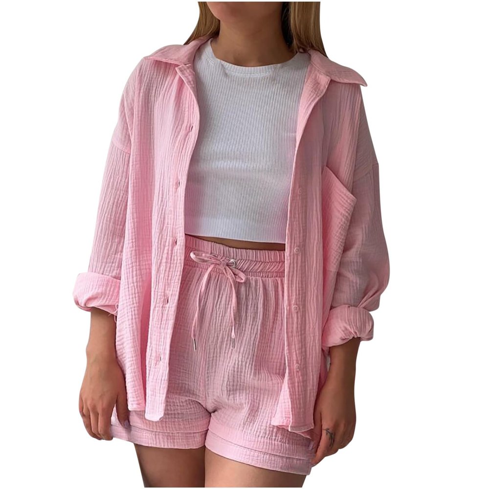 2 Piece Sets for Women Summer Loose Fit Long Sleeve Blouse Shirts with Shorts Plus Size Thin Trendy Lounge Shirts Short Sets Pink