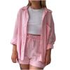 2 Piece Sets for Women Summer Loose Fit Long Sleeve Blouse Shirts with Shorts Plus Size Thin Trendy Lounge Shirts Short Sets Pink view 1