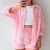 2 Piece Sets for Women Summer Loose Fit Long Sleeve Blouse Shirts with Shorts Plus Size Thin Trendy Lounge Shirts Short Sets Pink view 2