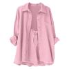 2 Piece Sets for Women Summer Loose Fit Long Sleeve Blouse Shirts with Shorts Plus Size Thin Trendy Lounge Shirts Short Sets Pink view 3