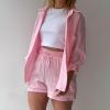 2 Piece Sets for Women Summer Loose Fit Long Sleeve Blouse Shirts with Shorts Plus Size Thin Trendy Lounge Shirts Short Sets Pink view 4
