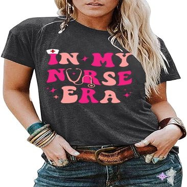 PERSOVERSIA Nurse Shirts for Women in My Nurse Era Shirt Funny Nurse Life Nurse Week Gift T-Shirt Short Sleeve Tee Top,Deep Gray S