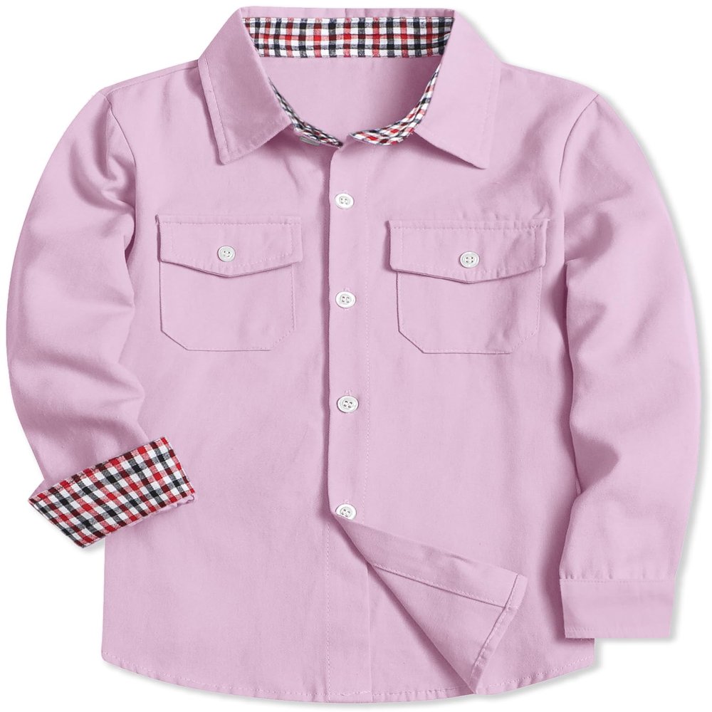 SANGTREE Boys Cotton Button Down Shirts Long Sleeves Western Shirt with Double Chest Pockets, Pink, 10-11 Years = Tag 170