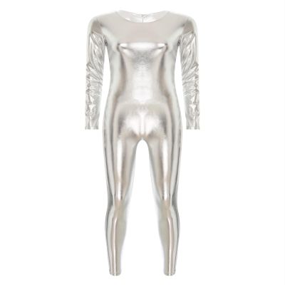 Rswnyirn Women's Shiny Metallic Gymnastic Unitards Full Body One Piece Bodysuit for Dance Costumes Silver Large