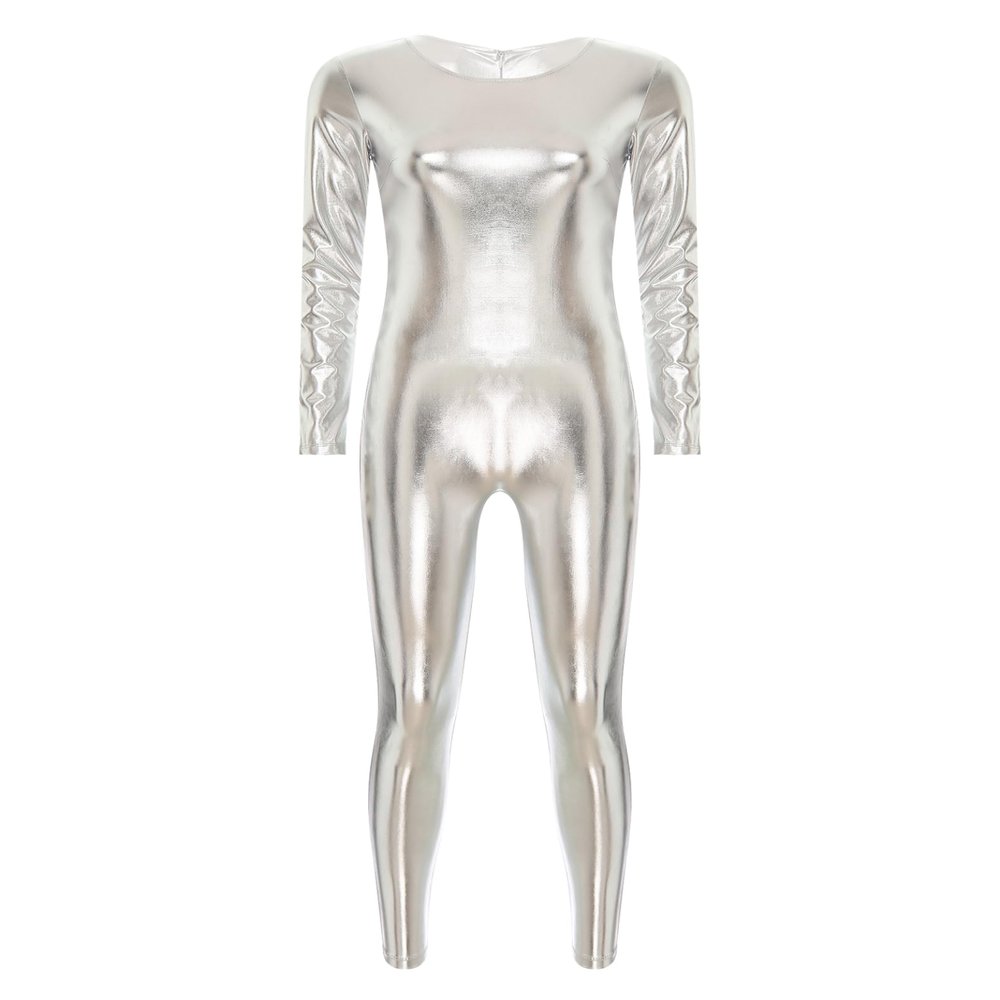 Rswnyirn Women's Shiny Metallic Gymnastic Unitards Full Body One Piece Bodysuit for Dance Costumes Silver Large