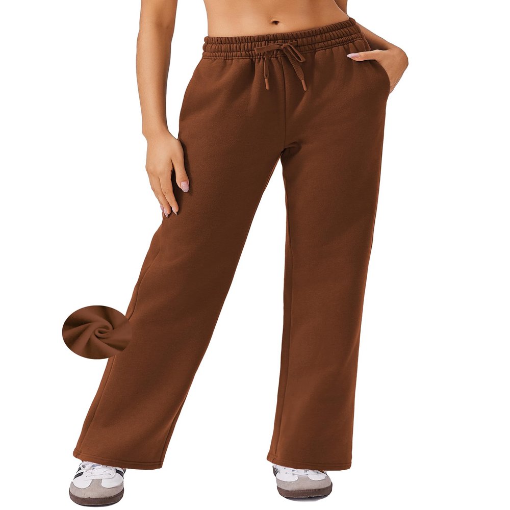 PINSPARK Fleece Sweatpants for Women High Rise Full Length Loose Sweat Pants Casual Winter Athletic Pants with Pockets Brown Regular M