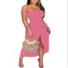 Zhyaj Women's Strapless Tube Dress Ruched Asymmetrical Summer Sun Dress Front Split Sexy Bodycon Midi Dresses, Dusty Pink, L view 1