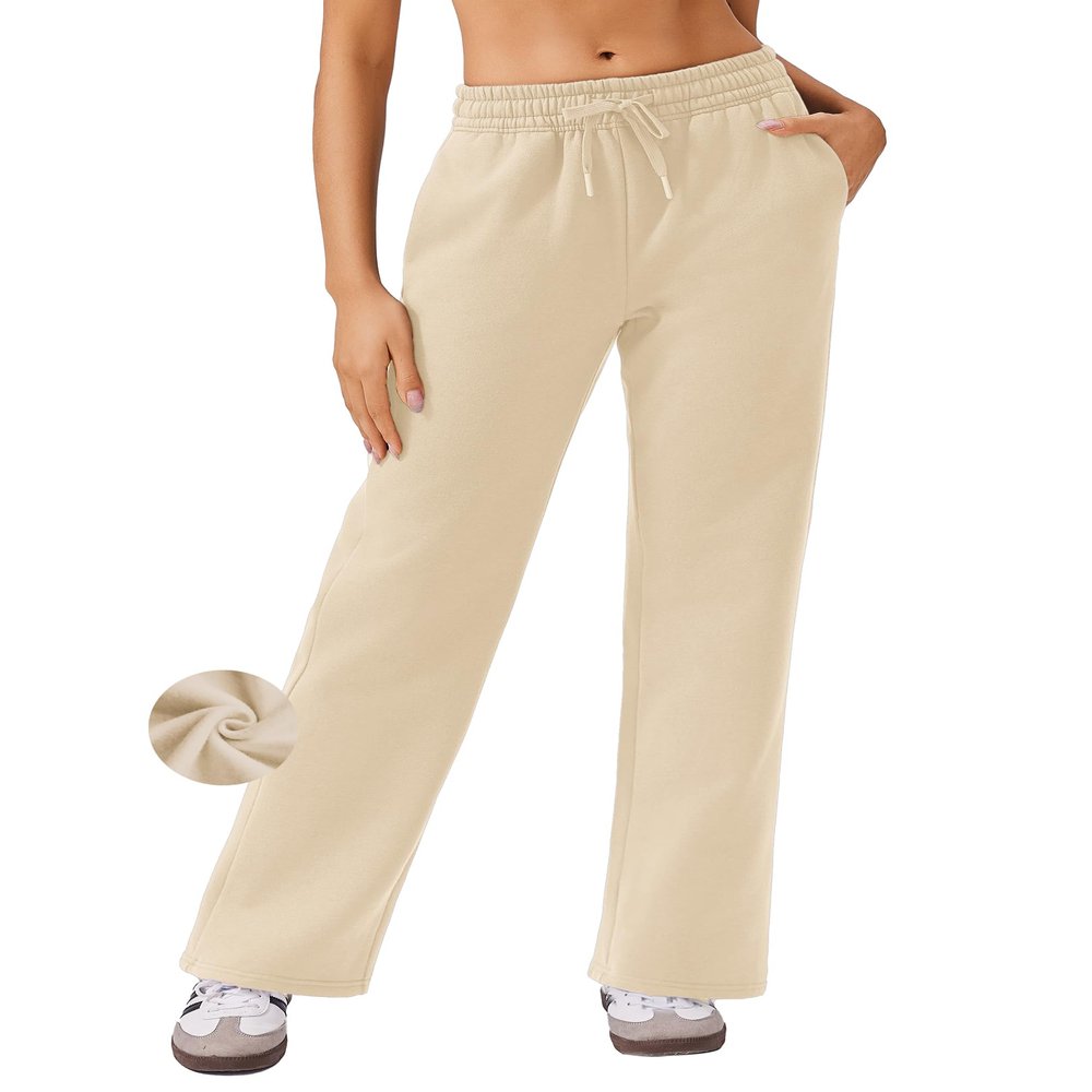 PINSPARK Fleece Wide Leg Sweatpants Women Drawstring High Waisted Sweat Pants Loose Workout Pants with Pockets Beige Regular S