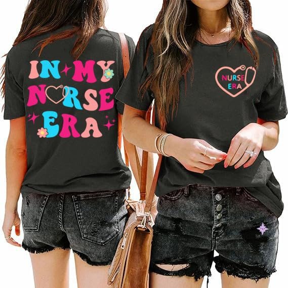 PERSOVERSIA Nurse Shirts for Women in My Nurse Era Shirt Funny Nurse Life Nurse Week Gift T-Shirt Short Sleeve Tee Top,Dark Gray XL