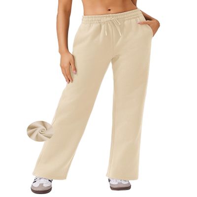 PINSPARK Fleece Wide Leg Sweatpants Women Drawstring High Waisted Sweat Pants Loose Workout Pants with Pockets Beige Regular L